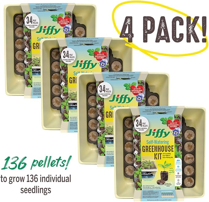 Jiffy Seed Starter Tray Kit - Self-Watering, High Germination Rate, Seedling Tray - 4 Pack - Peat/Plastic