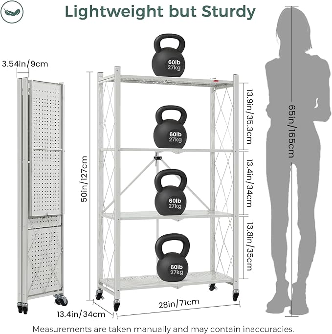 DEANIC 4 Tier Foldable Storage Shelves with Wheels, Large Capacity Shelving Unit, Freestanding Metal Wire Shelf Rack, No Assembly Organizer Rack for Garage Kitchen, Basement, Pantry(Grey)