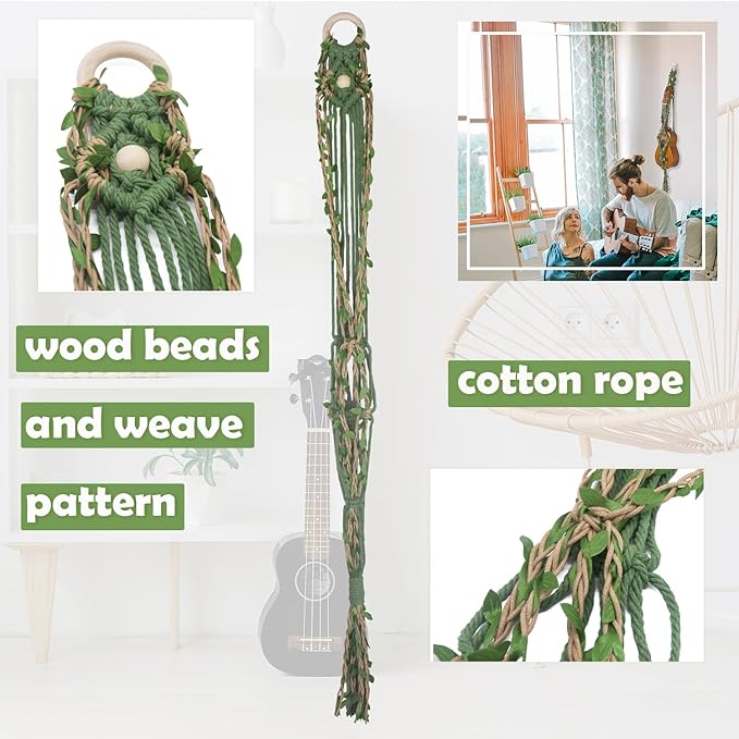 Macrame Ukulele Hanger Wall Mount - Handwoven Holder for Soprano Ukulele, Boho Wall Decor, Natural Cotton Rope with Protective Padding