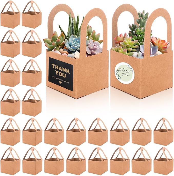 60 Pcs Succulent Wrap Bags Bulk 2.75 Inch Mini Kraft Paper Succulent Wrap Bags with Handles & Thank You Stickers for Wedding Baby Shower Succulent Party Favors for Guests