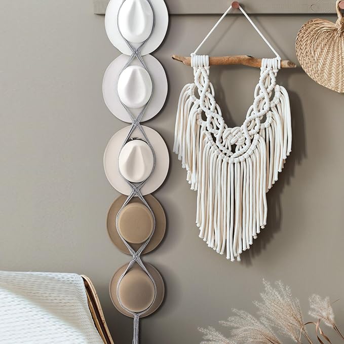 Yulejo Macrame Hat Hangers Boho Hat Rack Cowboy Hat Hanger Back of Door Hat Organizer (Gray,Five Hats Style)