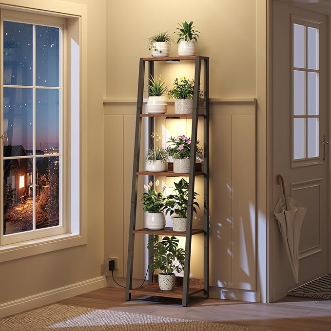 MAHANCRIS Plant Stand with Grow Light, 5 Tier Plant Shelf with Timer for Indoor Plants, Ladder Shape Flower Rack with Raised Back Edges, for Living Room, Balcony, Rustic Brown and Black PSHR05E01