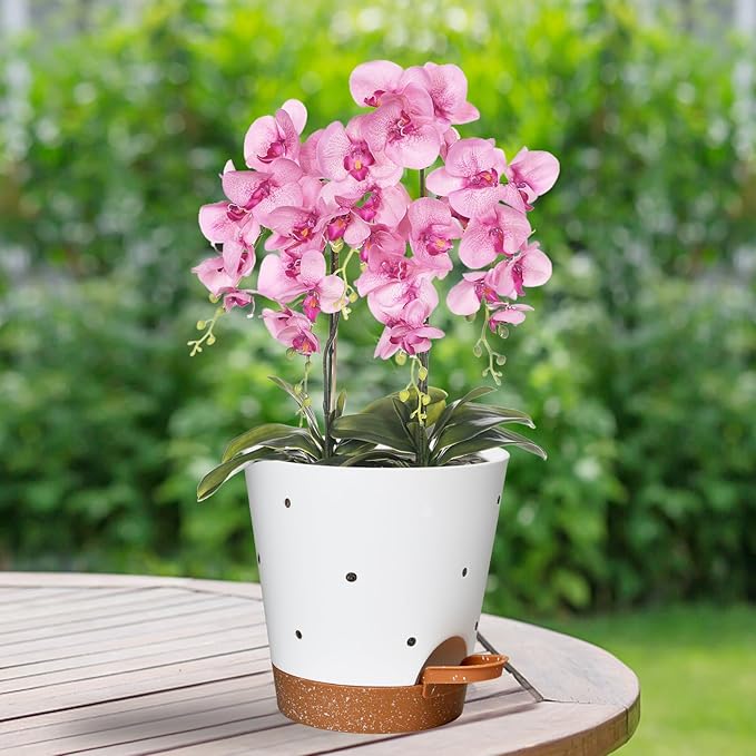 Vanslogreen Orchid Pots with Holes, 6 Inch Self Watering Orchid Pot 2 Pack Plastic Plant Pots for Orchid, Flower (White+Brown)