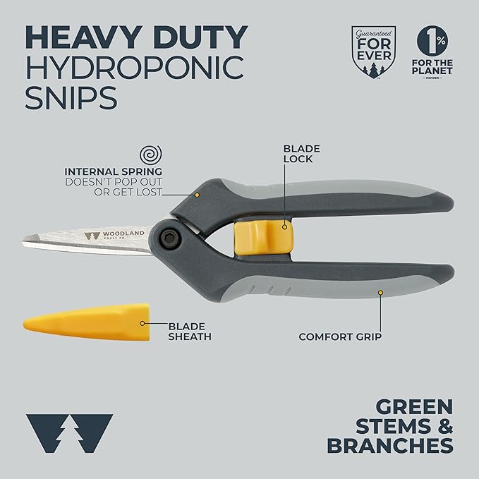 Woodland Tools Hydroponic Snips – Heavy Duty Flower Snips with Nano Tip Stainless Steel Trimming Scissors, Soft Grip, Spring Loaded, Blade Cover – Precision Plant Scissors and Bud Trimmer