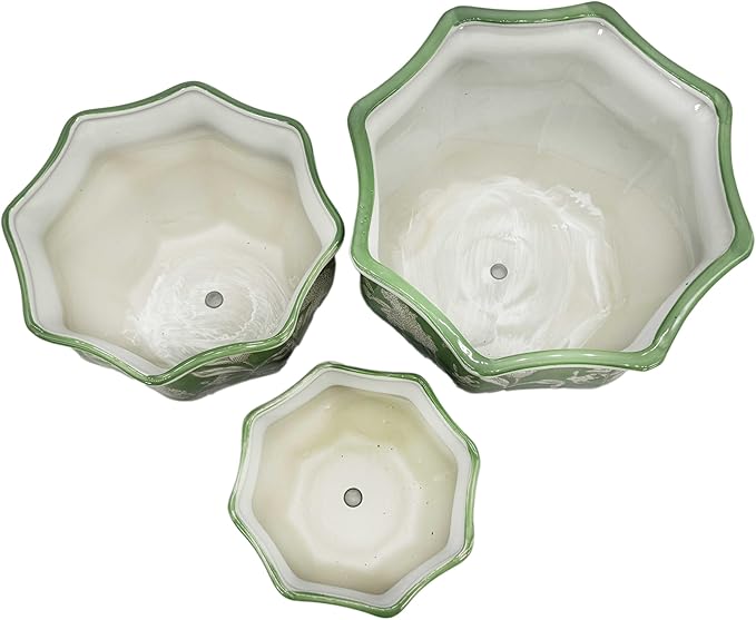 Galt International Green & White Round Fluted Floral Porcelain Ceramic Plant Flower Planter Pot Set of 3 (7.5", 10", 13") Garden Pots Chinese Asian Design
