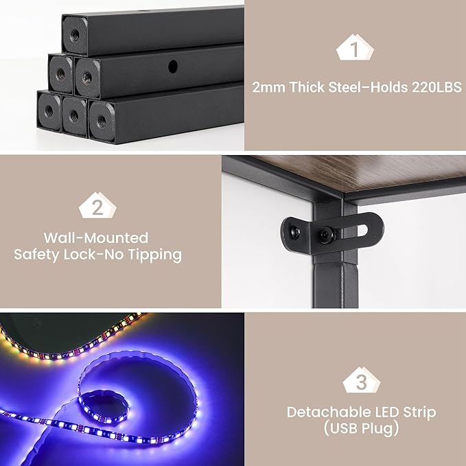 70 Inch Corner Shelf with LED Lights, 5-Tier Corner Bookshelf for Small Spaces, Wood & Metal Storage Rack for Bedroom, Living Room, Office - Modern Space Saving Design- Grey