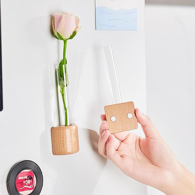 Magnetic Wooden Wall Planter Vase with Plastic Tube, Solid Wood Refrigerator Magnet (Wooden/Plastic)