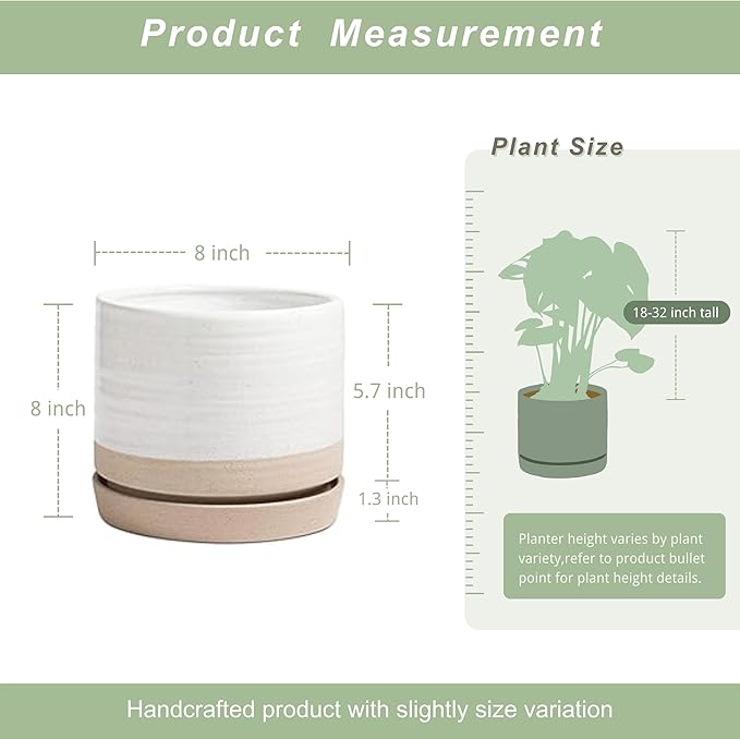 HERDUK 8 Inch Pots for Plants, Ceramic Planter Pot with Drainage Hole & Saucer, Indoor or Outdoor Cylinder Round Planter Pot, Matte White & Beige
