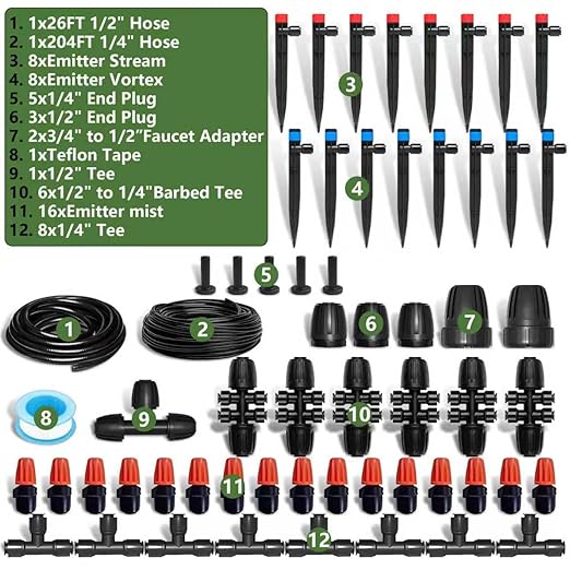 230FT Automatic Watering System for Outdoor Plants, Quick-Connect Garden Drip Irrigation Kits with 1/2" & 1/4", Adjustable Nozzles & Sprinklers for Greenhouse, Raised Bed, Lawn, Potted Plants