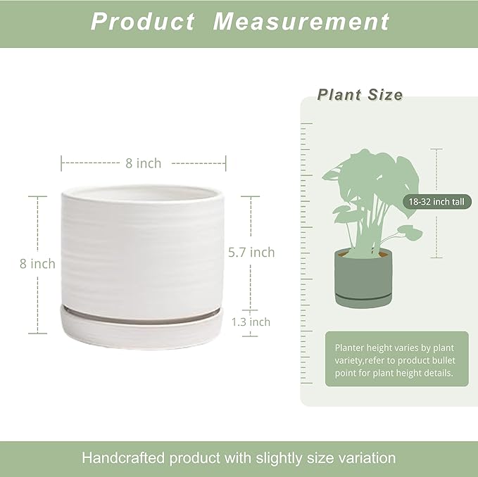 HERDUK 8 Inch Pots for Plants, Ceramic Planter Pot with Drainage Hole & Saucer, Indoor/Outdoor Cylinder Round Planter Pot, Matte White