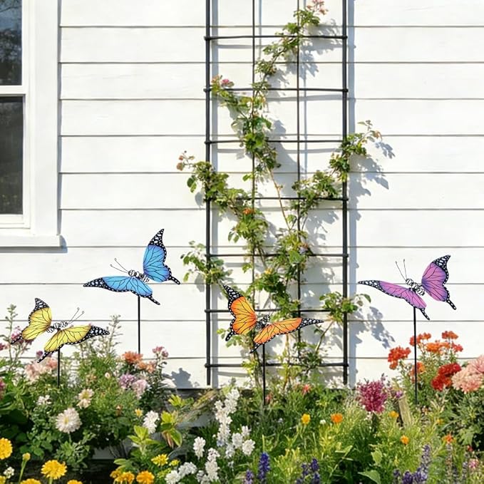 hogardeck Garden Decor for Outside, Set of 4 Metal Butterfly Decorative Garden Stakes for Spring Decor, Yard Art Garden Decorations for Outdoor Lawn Pathway Patio