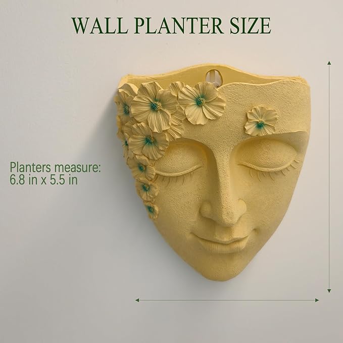 Face Shape Wall Planter Elegant Yellow Resin Wall-Mounted Head Pot with Drainage Hole Unique Small Vase Holder for Flower,Succulents, Hanging Plants for Plant Lovers
