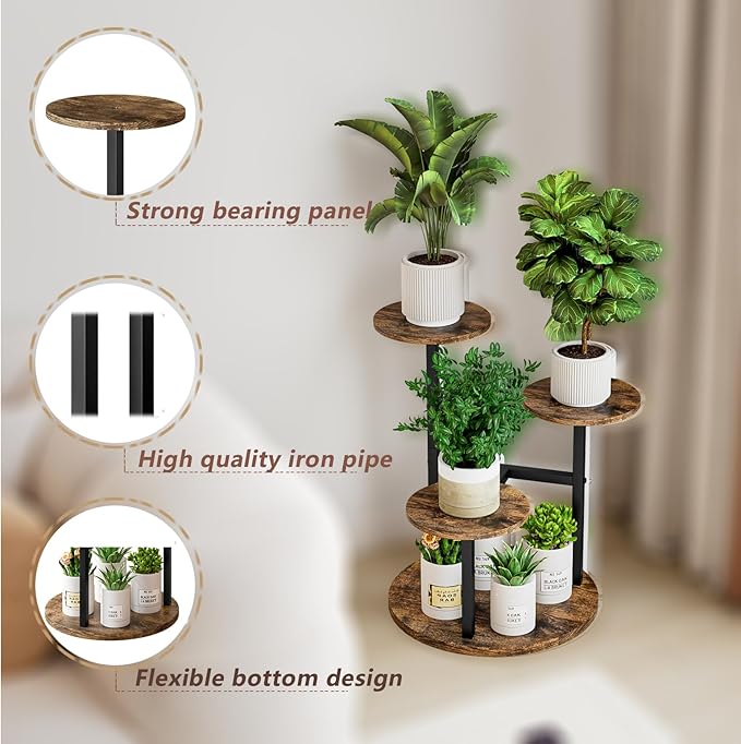 INGIORDAR Plant Stand Indoor Outdoor Corner Plant Shelf for Multiple Flower Pots Flower Stand Holder for Patio Garden Balcony Living Room (Black+Rustic Brown, 4 Tier)