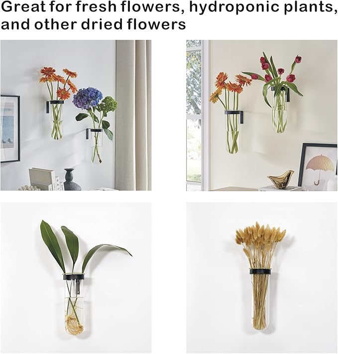 2 Piece Hanging Glass Wall Vase Set, Iron Metal Plant Stand with Clear Borosilicate Glass Tubes, Creative Wall Mount Vase for Flowers, Air Plants, Home Office Wedding Decoration