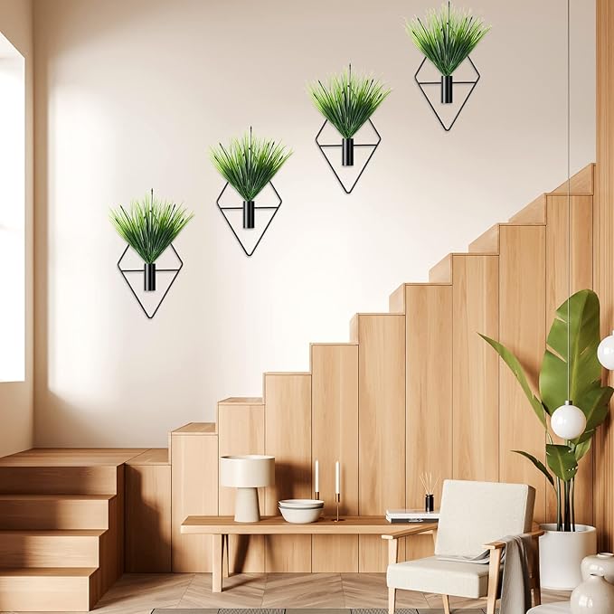 Jexine 4 Pcs Plant Wall Decor Diamond Shape Hanging Planters with Artificial Plants Geometric Wall Decor Metal Hanging Vase Indoor Holder for Living Room Bathroom Home(Aquatic Grass)