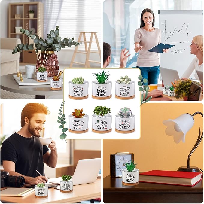 Potchen 6 Pcs Teacher Appreciation Gifts Bulk Succulent Pots Thank You for Helping Me Grow Planter with Bamboo Tray Funny Ceramic Succulent Gifts for Teacher, Women, Coworker