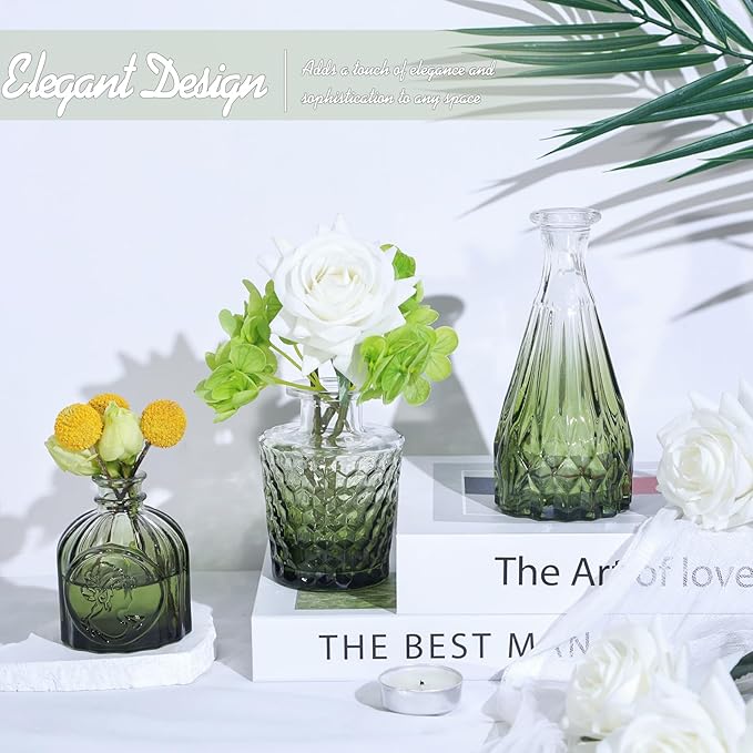TBWIND Glass Bud Vase Set of 5, Small Green Flower Vases for Centerpieces in Bulk, Mini Vintage Vase for Wedding Decor, Single Flowers, and Home Table Décor