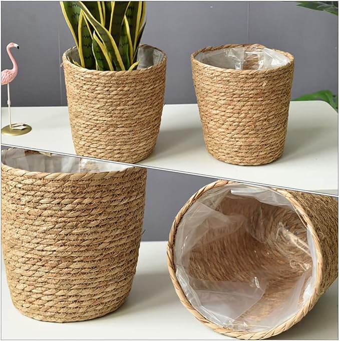Beavorty Vintage Decor Seagrass Planter Hand Woven Straw Flower Pot Farmhouse Plant Basket with Plastic Liners Rustic Plant Containers Succulent Pot for Indoor Outdoor Room Decor Home Decor