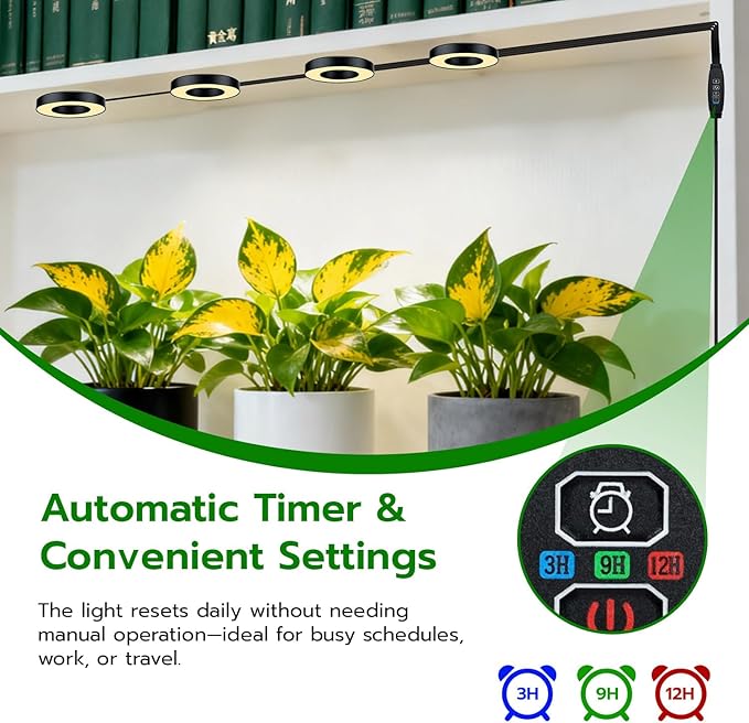 Mcbazel Ceiling Grow Lights for Indoor Plants, with 3/9/12H Auto Timer Switch, 3 Colors,10 Dimming, Quad Head, Corded, Mini Growing Lamp for Pot Plants, Succulents, Shelves