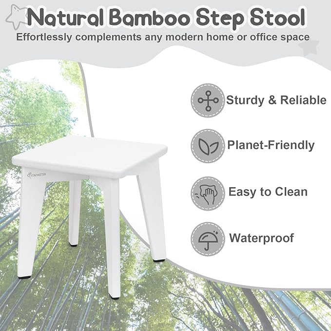 StrongTek Bamboo Step Stool for Kids and Adults, Sturdy and Versatile Short Foot Stool for Bathroom, Kitchen, Bedroom, Compact 10-inch Small Wood Stool, Plant Stand (White)
