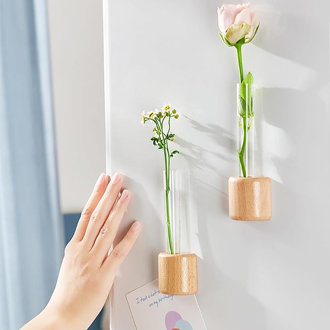 Magnetic Wooden Wall Planter Vase with Plastic Tube, Solid Wood Refrigerator Magnet (Wooden/Plastic)