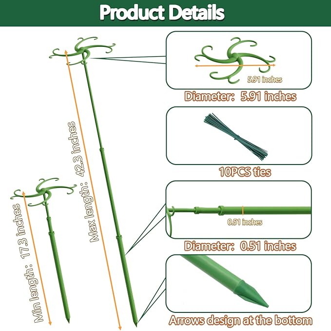 Telescoping Plant Support Stakes,5Pack 17.3 to 42.3IN Adjustable Monstera Plant Support,Garden Stakes with Clips,Sturdy Plant Sticks for Indoor Outdoor Plants, Orchid, Tomato, Vine,Monstera