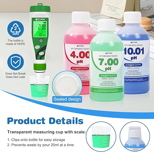 pH4.00, pH7.00 and pH10.01 Calibration Solution, 250 ml (8.4 fl.oz) Each, pH Pen Buffer Calibration Solution pH4.00, 7.00, pH10.01 Calibration Solution with 3 * 30ml Container for pH Tester, pH Probe