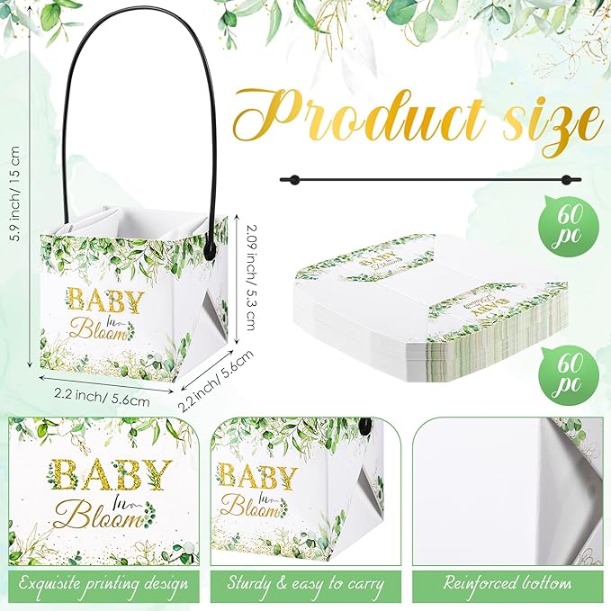 Soaoo 60 Pcs Succulent Baby Shower Favors Bulk Grow Succulents Wrap Bags with Handles Baby in Bloom Plants Paper Pots Gift Boxes Decorations Supplies Plants not Included Fits 2 Inch Pots(Eucalyptus)