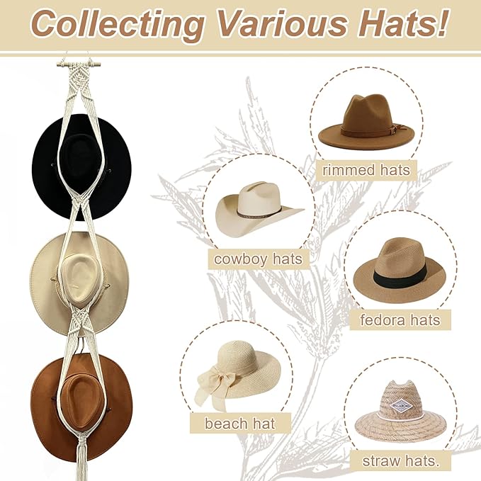 Gute Macrame Hat Hangers, Boho Hats Rack for for Wall Hanging, Black White Woven Women Hat Holder Organizer for Wide Brim and Fedoras Sun Hat Cowboy Hat Display(White,6 Hat Style)