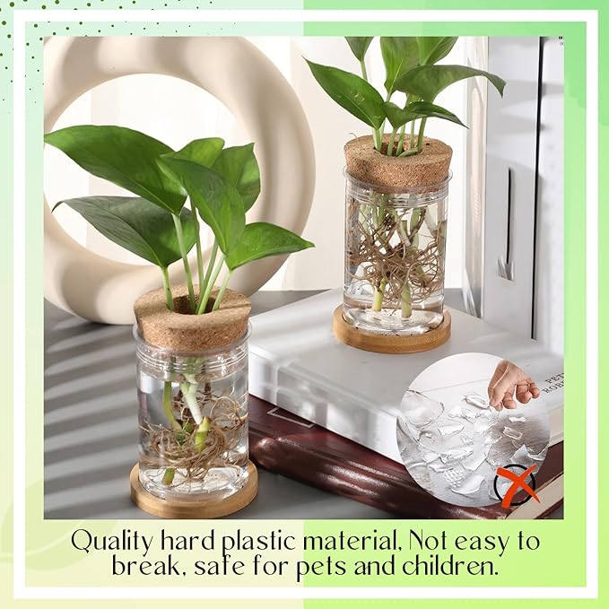 Baderke 9 Packs Propagation Vases for Plants Plastic Plant Propagation Station with Hole Lid and Bamboo Stand Growing in Water Hydroponic Home Office Table Decoration(Classic Style)