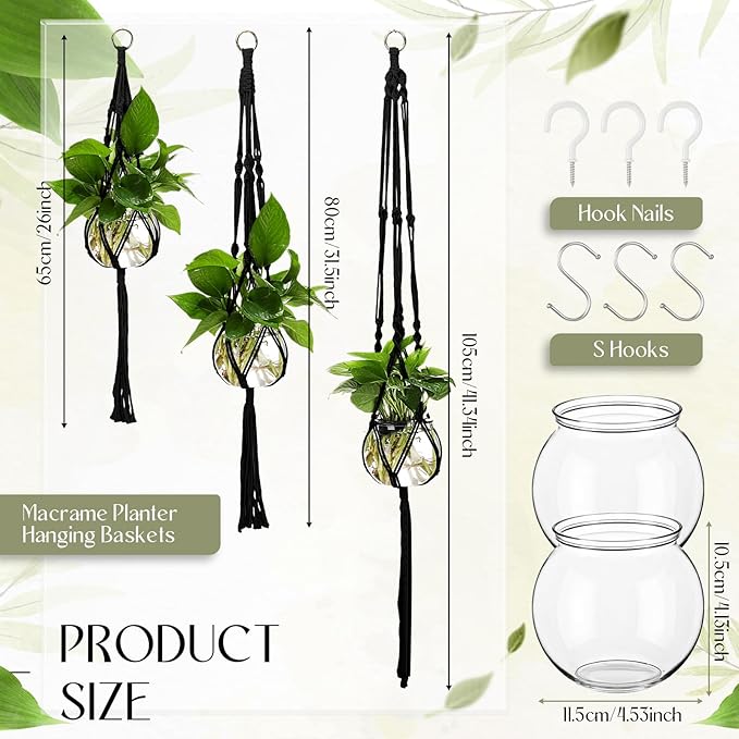 Colingmill 6 Pcs Plastic Plant Propagation with Boho Macrame Hanger Wall Plant Propagation Station Hanging Holder Include Hooks Kit for Indoor Home Garden Office Decor 3 Size (Black)