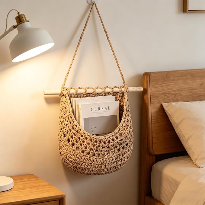Hanging Fruit Basket Handmade Boho Cotton Rope Wall Hanging Basket Over Door Storage Woven Baskets for Kitchen and Bedroom to Store Any Small Stuffe (1, jute)