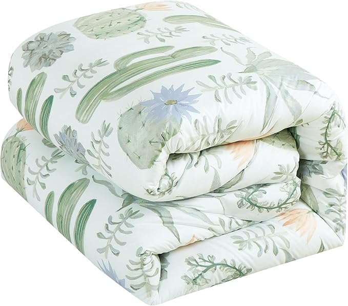 Chezmoi Collection Cereus 2-Piece Southwestern Serene Desert Comforter Set - Green Blue Cactus Succulent Plant Printed Washed Microfiber Bedding, Twin