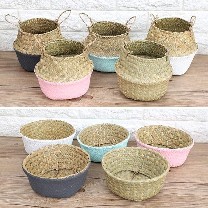 2PCS Large Seagrass Belly Basket Planter Woven Rattan Wicker Plant Pot Round Boho Decorative Wicker Planter for Home Decor(Black)