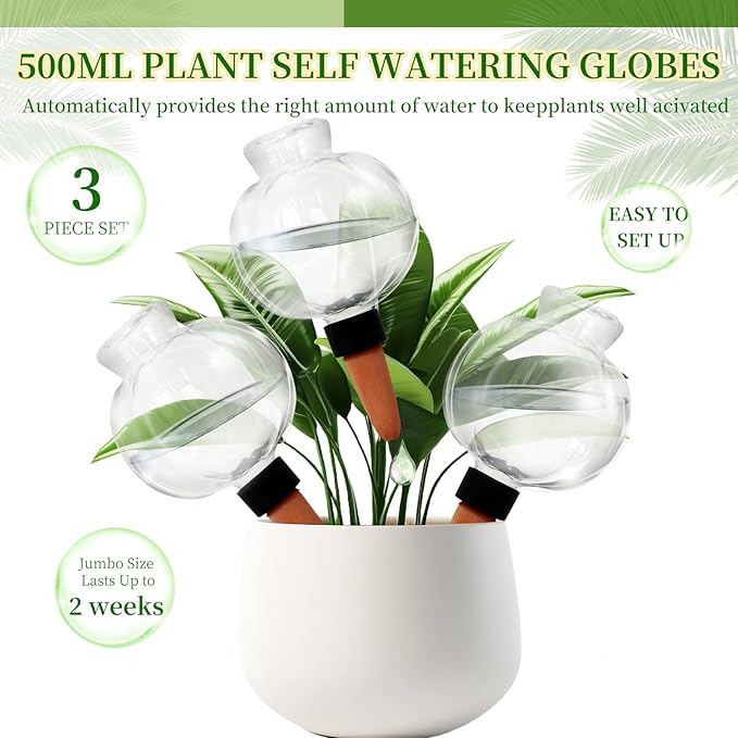 3 Pack Plant Self Watering Globes Top Fill for Indoor Plastic Water Bulbs Slow Release Terracotta 17.5 oz Self Watering Planter Insert Automatic Drip Irrigation Water Spikes Stakes Devices System