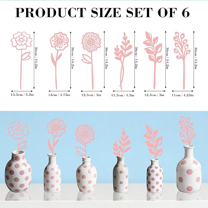 Pink Metal Flowers Set of 6, Decorative Garden Outdoor Plant Stakes for Yard Art, Metal Garden Art Flower Bed Decor, Pink Flower Yard Sculptures for Pots Vase Garden Lawn and Patio