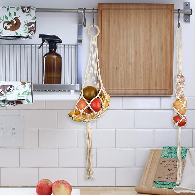 Beautyflier 2 Pieces Macrame Hanging Fruit Basket Wall Hanging Potato Onion and Fruit Boho Fruit Holder Net for Kitchen Decor (White)