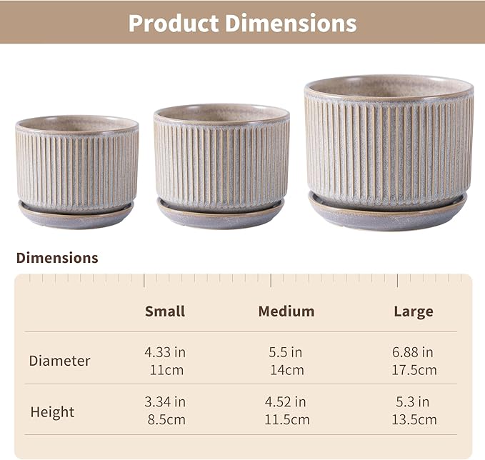 SURE YUESI Speckle Gray Ceramic Plant Pots Set of 3 (4.3”+5.5”+6.7”) Indoor Striped Planters with Drainage Hole, Saucer Pad, Decorative Pots for Plants & Gardening