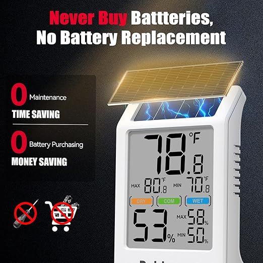BaldrTherm Room Thermometer Indoor Humidity Meter Solar Powered with Max/Min Memory & Comfort Indicator - 3.2" Large Display for Home, White, 1Pack
