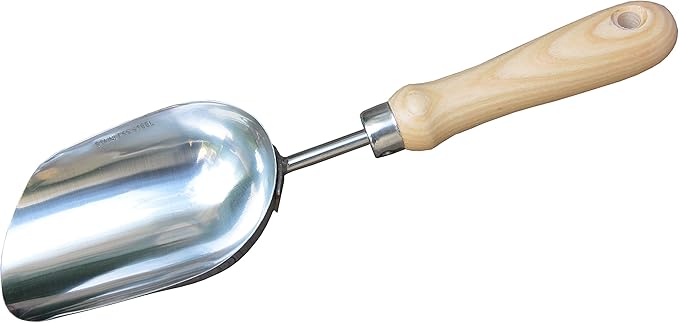 Stainless Soil Scoop 13-Inch, Stainless Steel Soil Fertilizer Food Scooping Trowel, Extra Large Capacity Composite Soil Scoop, Stainless Steel Blade Mirror Polishing - with Ash Wood Handle