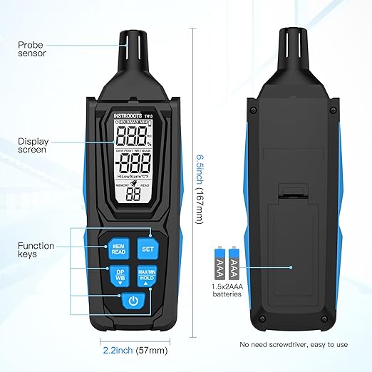 Temperature Humidity Meter, High Precision Digital Psychrometer Hygrometer with Dew Point, Wet Bulb Thermometer for Indoor Outdoor, 99 Data Storage, Temp Alarm, Backlight, MAX/MIN, Auto Shutdown