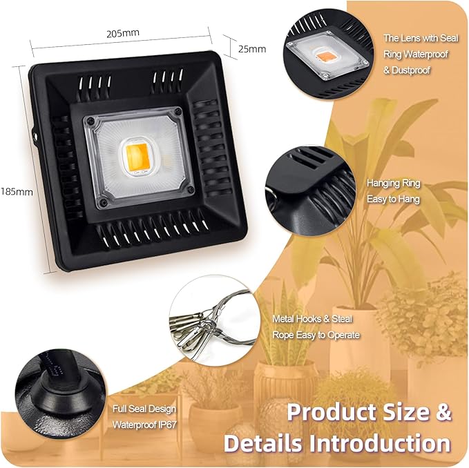 Waterproof 100W LED Grow Light Full Spectrum, CFGROW 3500K White COB LED Grow Light, Natural Heat Dissipation Without Noise, Suitable for Plants All Growing Stage Indoor or Outdoor.