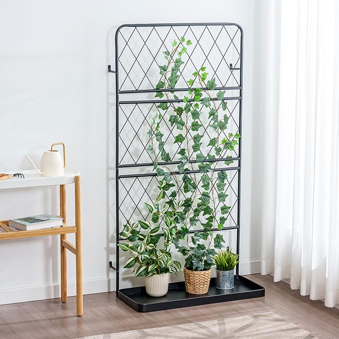 MyGift 4.5 ft Tall Garden Trellis Stand for Climbing Plants, Wall Mounted or Freestanding Black Metal Wire Diamond Lattice Plant Support Frame with Bottom Tray Planter Holder
