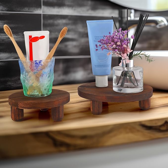 Sintuff 4 Pack Mini Wooden Plant Stool Display Wood Cake Stand 12/10/8/6 Inch Round Plant Risers Holder for Flower Pot Wooden Stool Indoor Outdoor Wood Stand(Dark Brown)