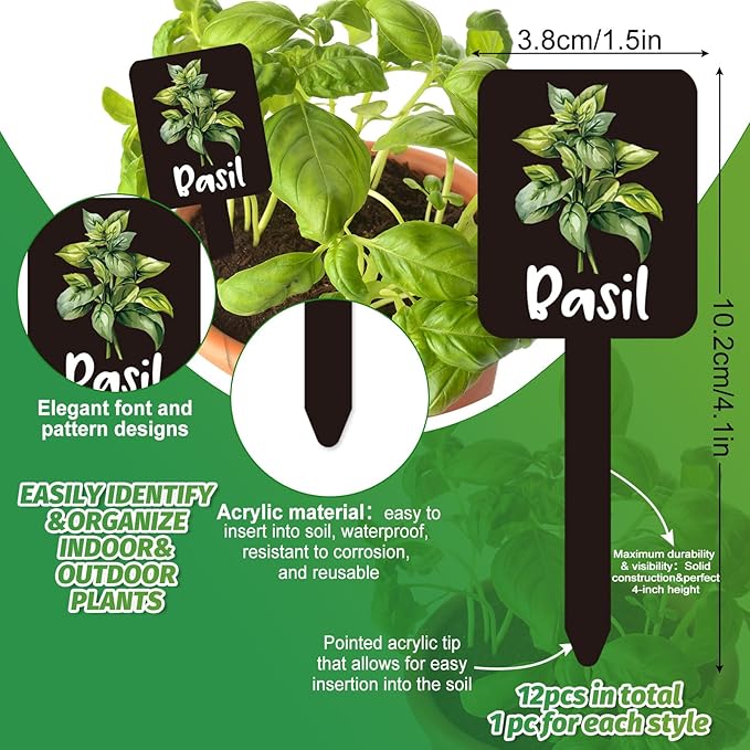 Whaline 12Pcs Herb Plant Label Signs 12 Styles Garden Herb Markers Thickened Waterproof Acrylic Plant Stake Tags with Names for Nursery Indoor Outdoor Garden Decor
