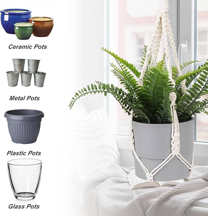 Larrel Macrame Plant Hanger, 2PCS Plant Hangers Indoor Hanging Planter Basket with 2 Hooks Wood Beads Decorative Flower Pot Holder for Indoor Outdoor Boho Home Decor