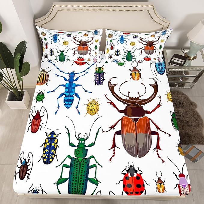 Feelyou Kid's Sheets Deep Pocket Queen Size Cute Cartoon Bug Bed Cover Set Soft Breathable Colorful Beetle Sheets Boys Bedroom Decor Bedding