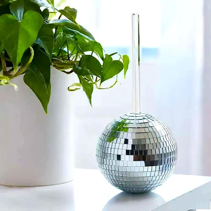 2 Pcs Plant Watering Globes with Disco Ball Decor,Self Watering Bulbs,Self Watering Globes,Sliver Glass Mirror Disco Ball Plant Aqua Bulb,Watering Stakes Spikes Water Bulbs for Indoor Outdoor Plant