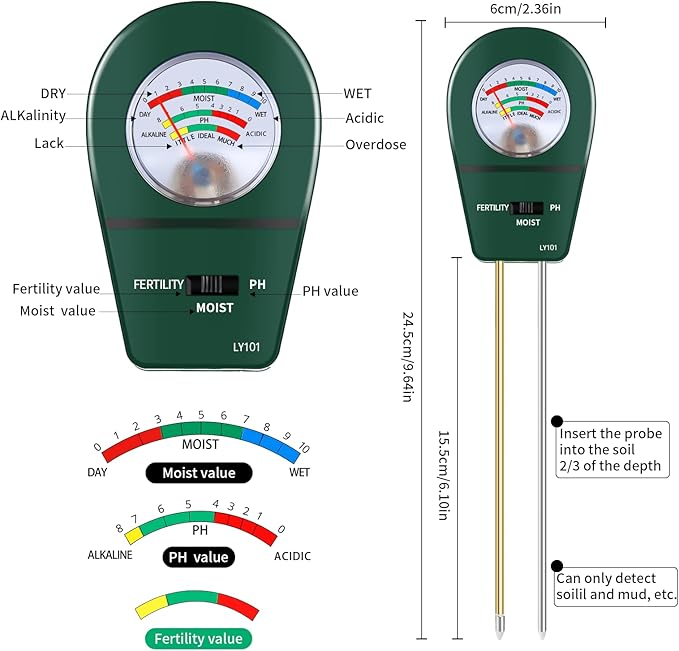 3 in 1 Soil Tester, Soil Fertility Test, Measure pH of Garden, Lawn Care, Potted, Horticultural Soil Moisture Meter Sensor, No Battery (Green)