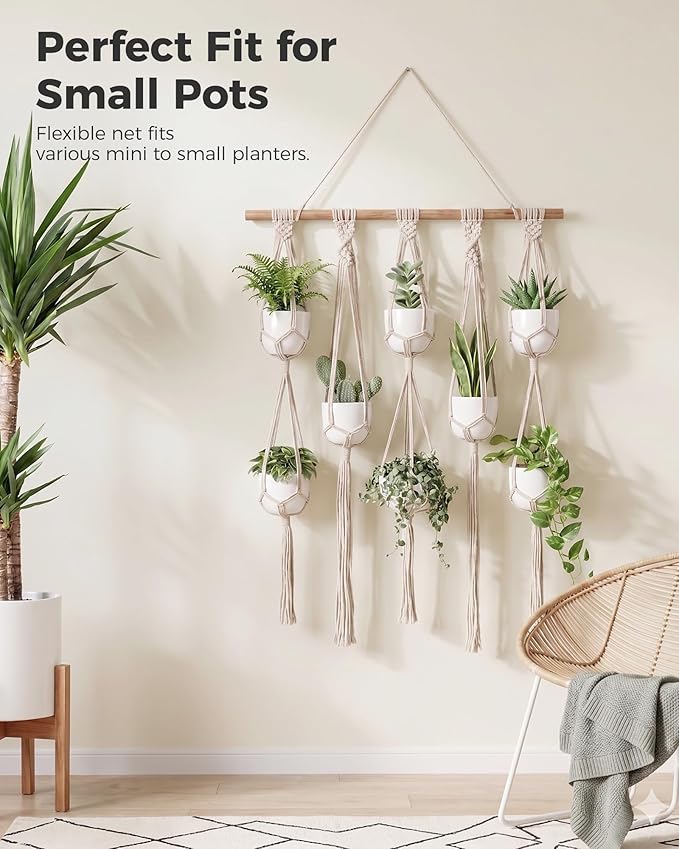 Bamworld Macrame Plant Hanger with Wooden Dowel Multi-Tier Hanging Planters for Indoor Plants Wall Mounted Hanging Plant Holder with 7 Pockets Boho Hanging Baskets for Wall Decor(Pot Not Included)